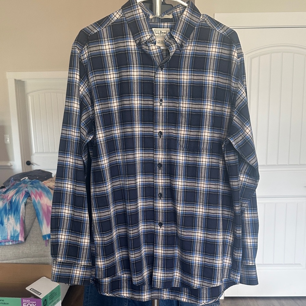L.L. Bean Men's Navy and White Plaid Shirt